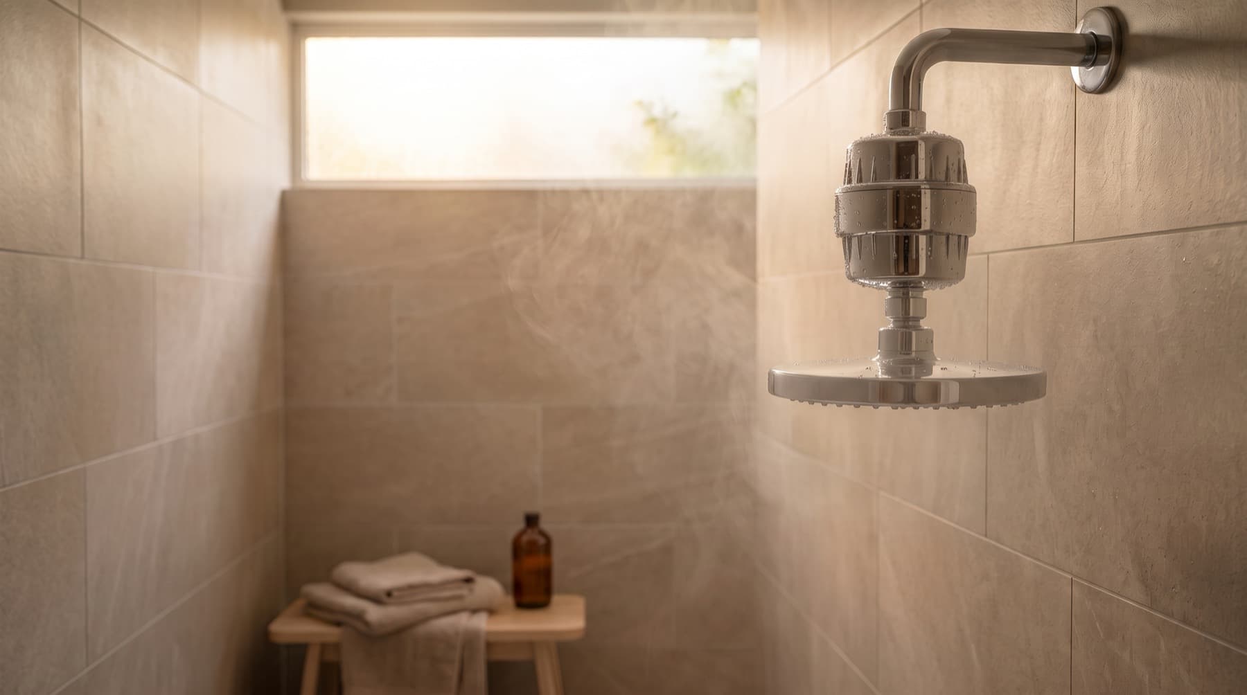 Filtro AQUA instalado entre el brazo de la ducha y la regadera, con vapor y luz cálida