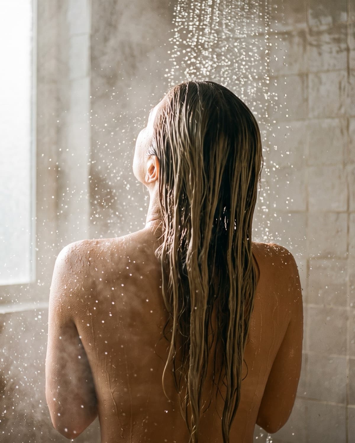 Mujer de espaldas bajo la ducha, pelo mojado