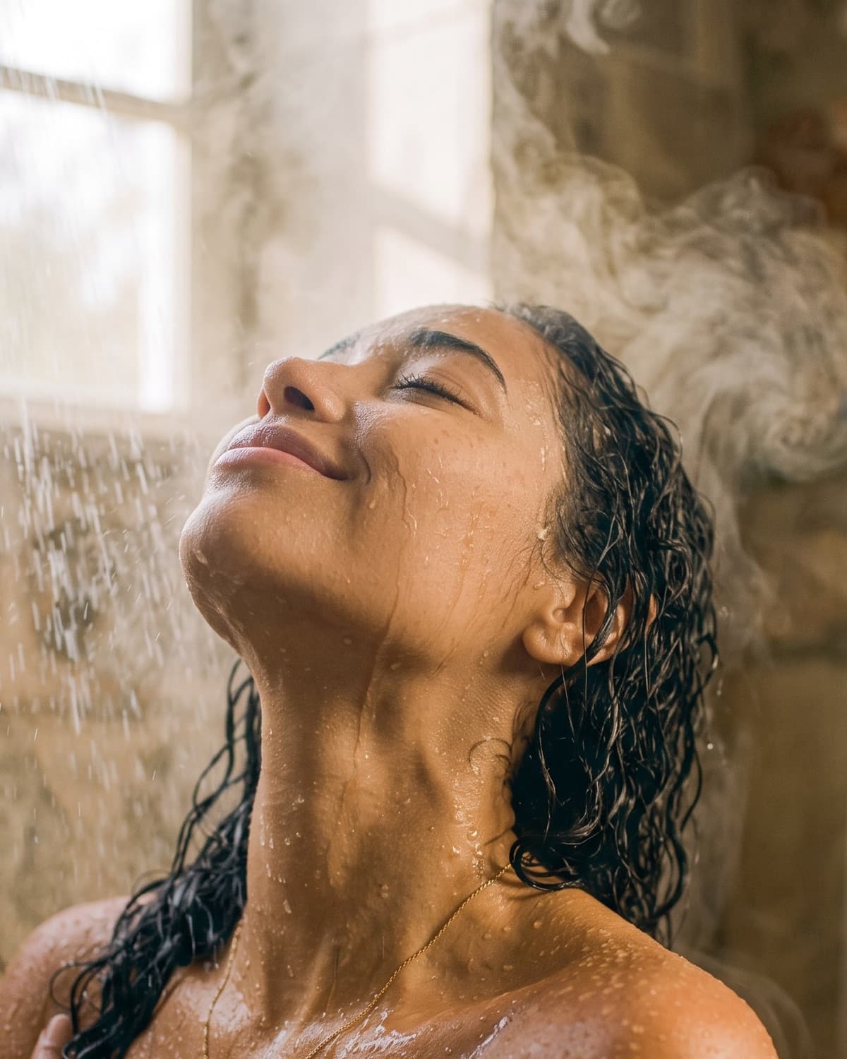 Mujer disfrutando el agua de la ducha en la cara