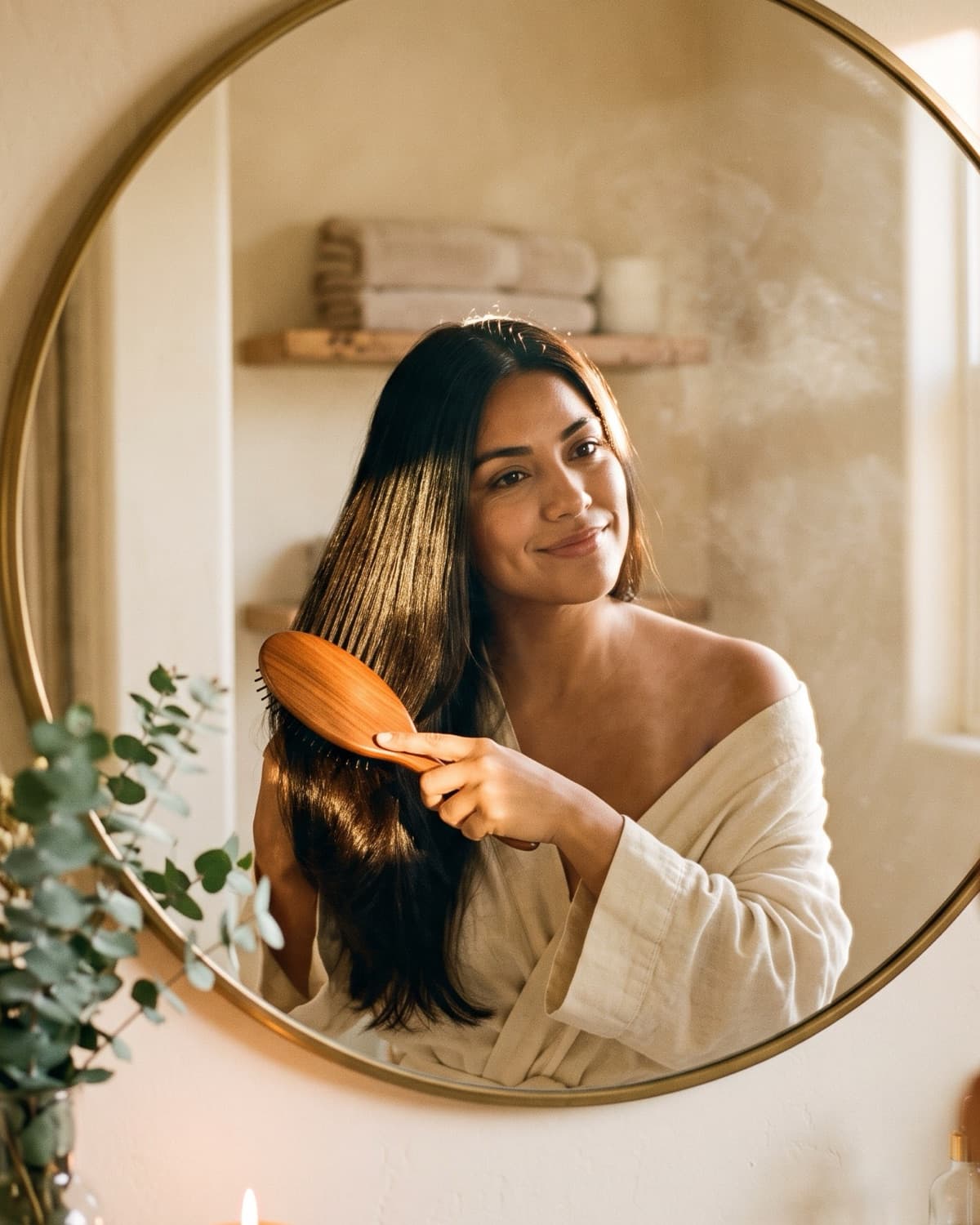 Mujer peinando su pelo brillante frente al espejo